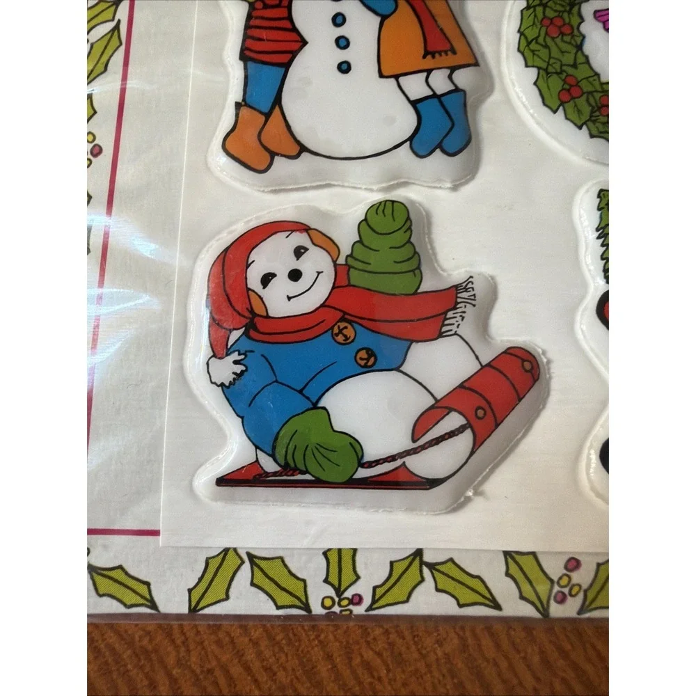 Vintage Christmas Puffy Stickers Vinyl Stick On Santa Wreath Frosty‎ 3D Sheet